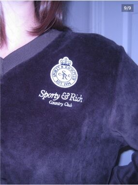 Sporty & Rich Brown Velour V-Neck Sweater with Crest Embroidery